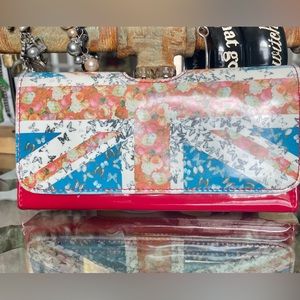 TED BAKER Red Patent Leather Floral Union Jack London Wallet. Red Jewels